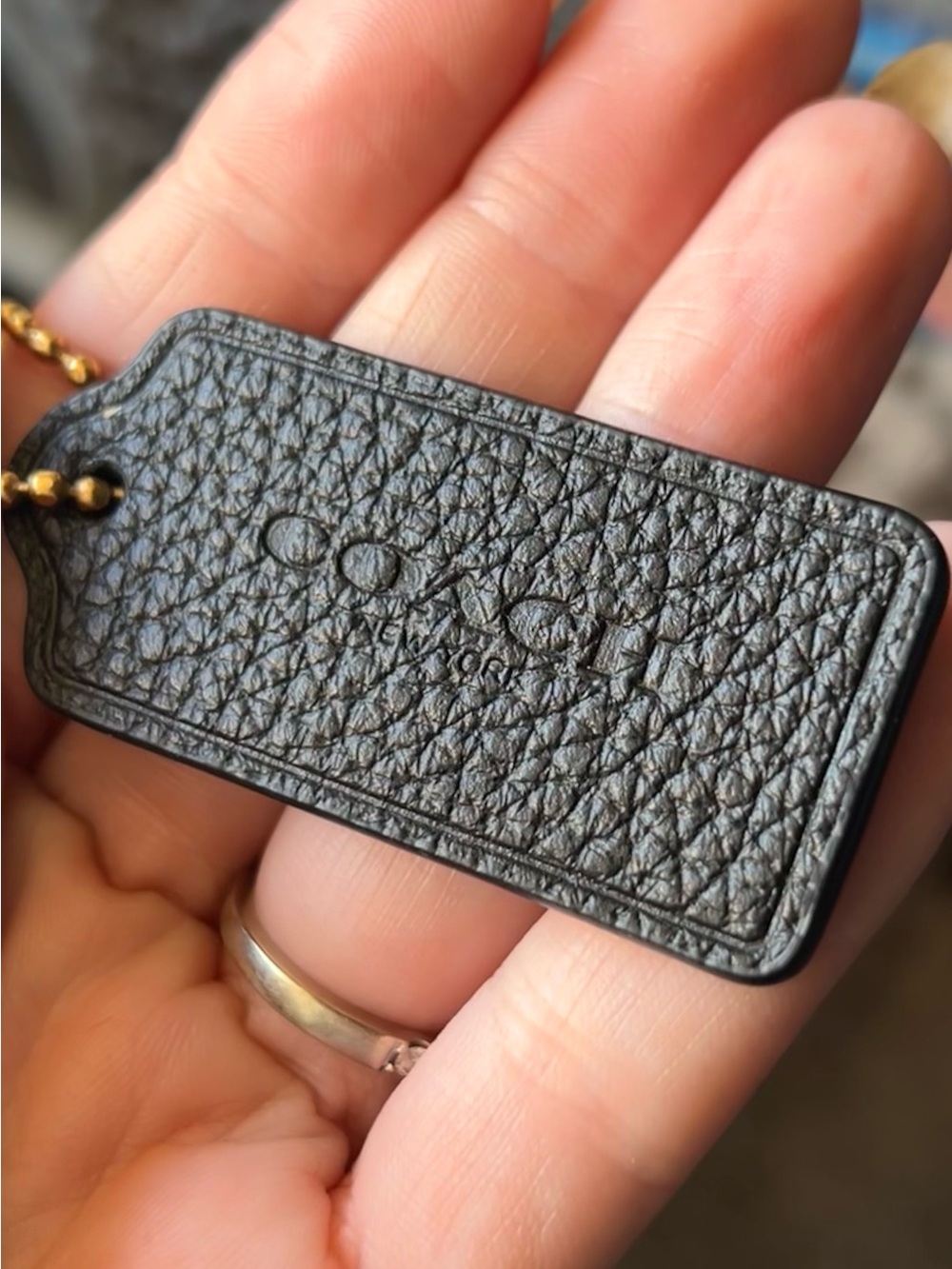 Coach Black Pebbled Leather Key Tag with Gold Ball Chain